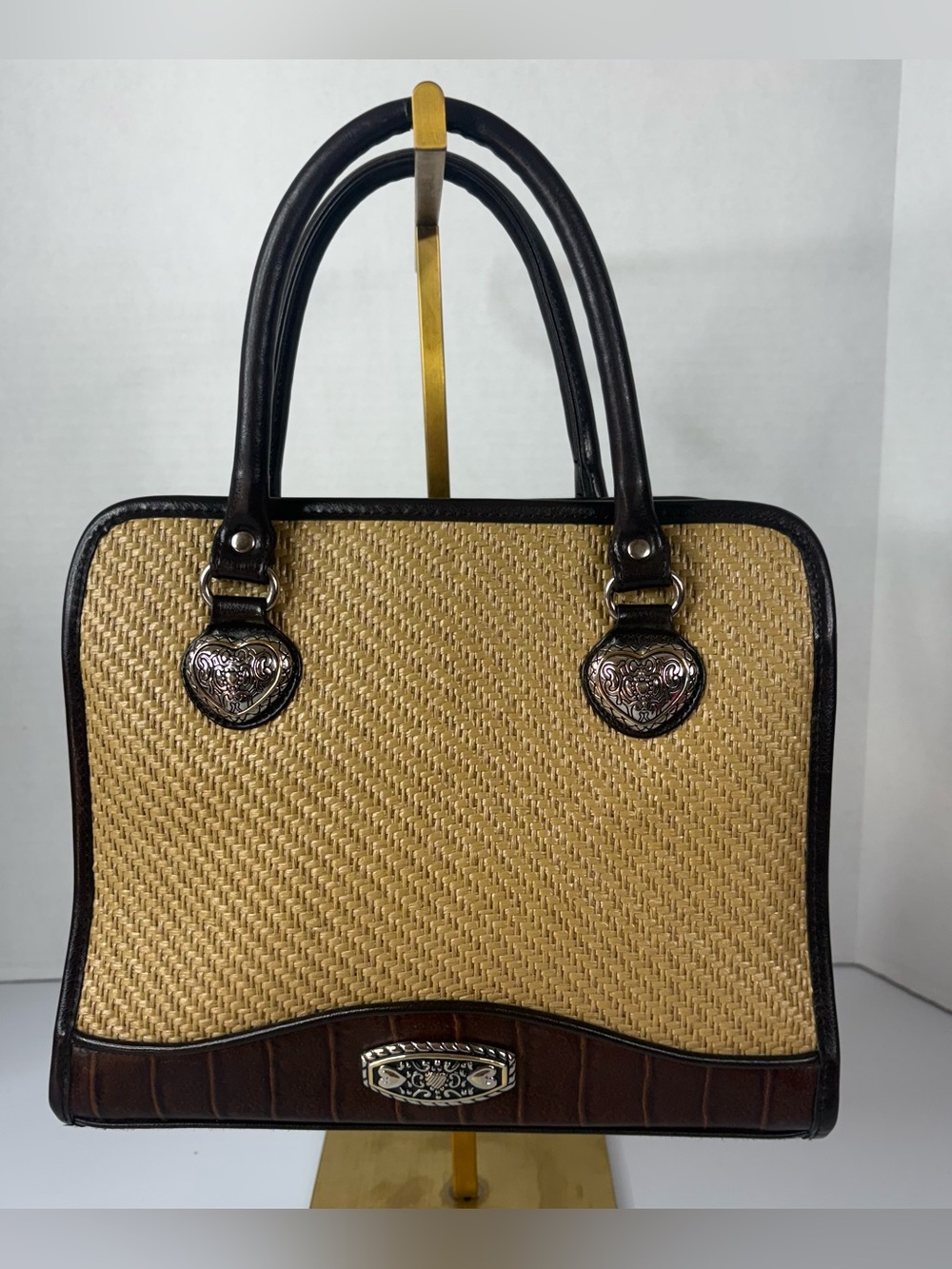 Vintage MARLO Woven Straw Satchel Bag with Dark Brown Leather Trim